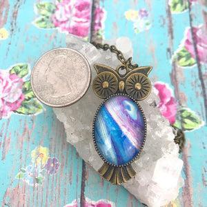 Blue Purple Bronze Owl Art Necklace