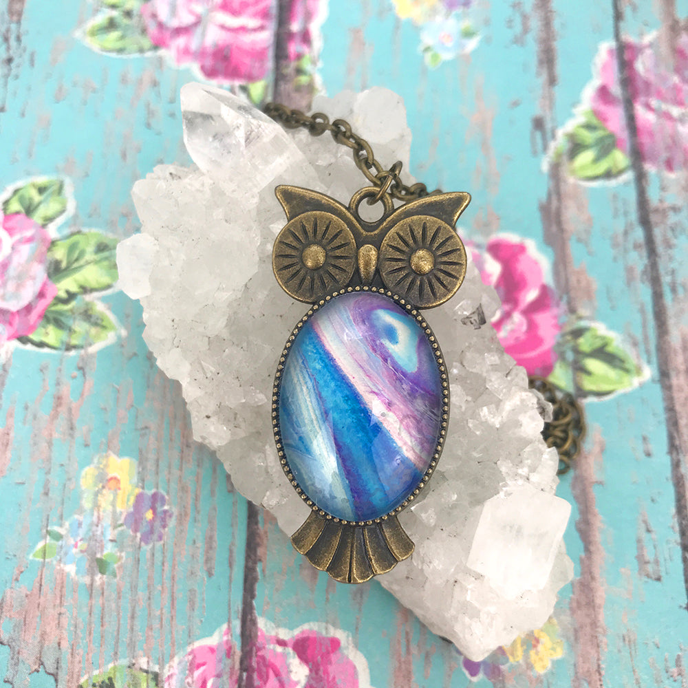 Blue Purple Bronze Owl Art Necklace