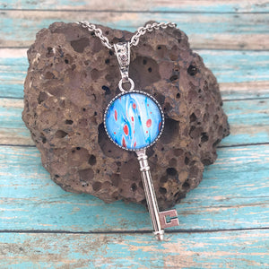 Blue Boho Vintage Silver Key Art Necklace