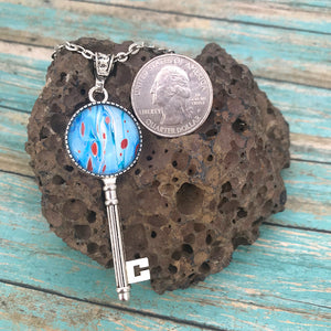 Blue Boho Vintage Silver Key Art Necklace