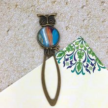 Load image into Gallery viewer, Orange Blue Owl Bookmark with Fluid Artwork
