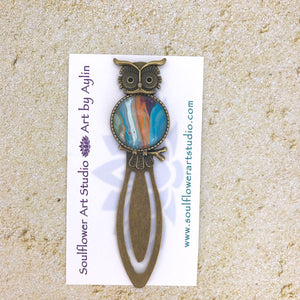 Orange Blue Owl Bookmark with Fluid Artwork
