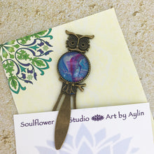 Load image into Gallery viewer, Blue Purple Owl Bookmark with Fluid Artwork
