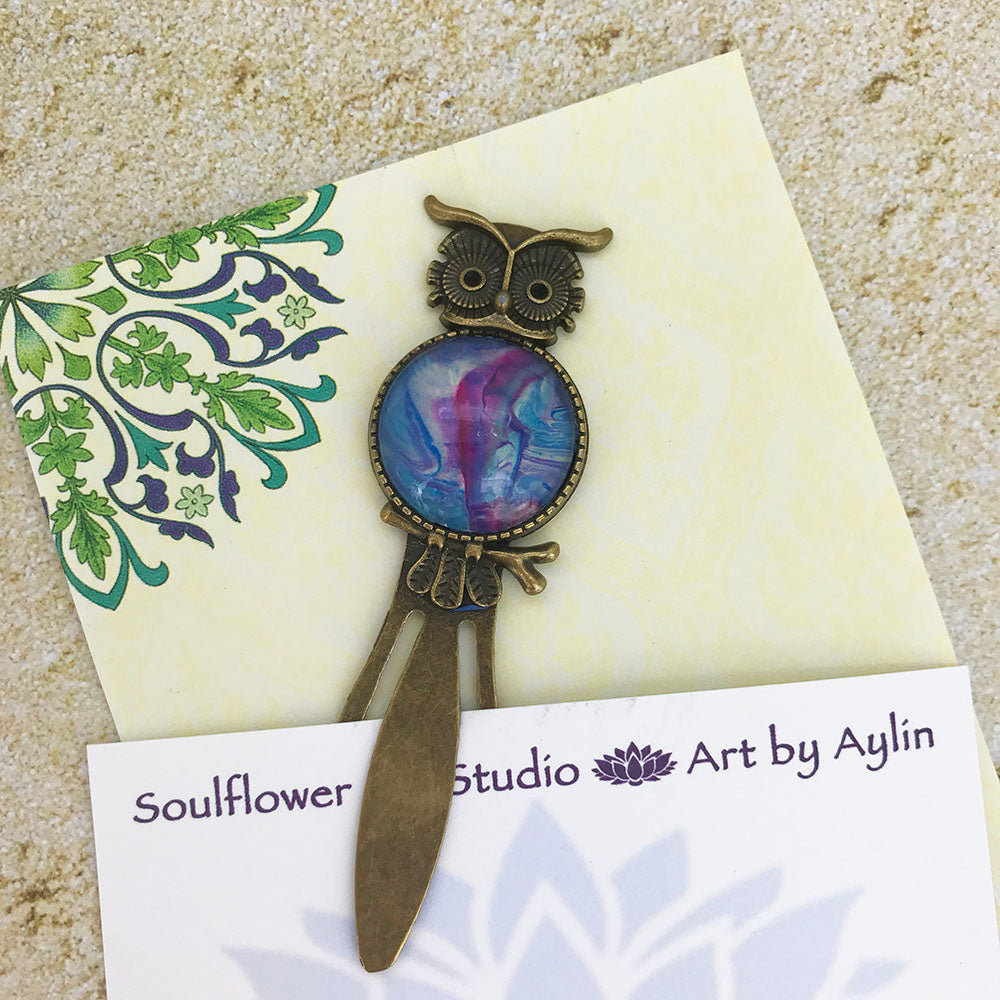 Blue Purple Owl Bookmark with Fluid Artwork