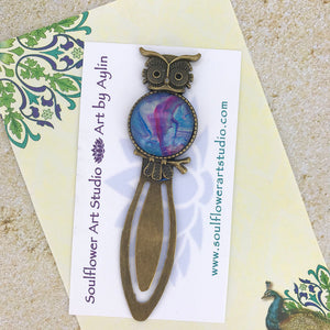 Blue Purple Owl Bookmark with Fluid Artwork