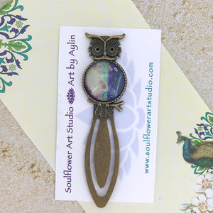Purple White Owl Bookmark with Fluid Artwork