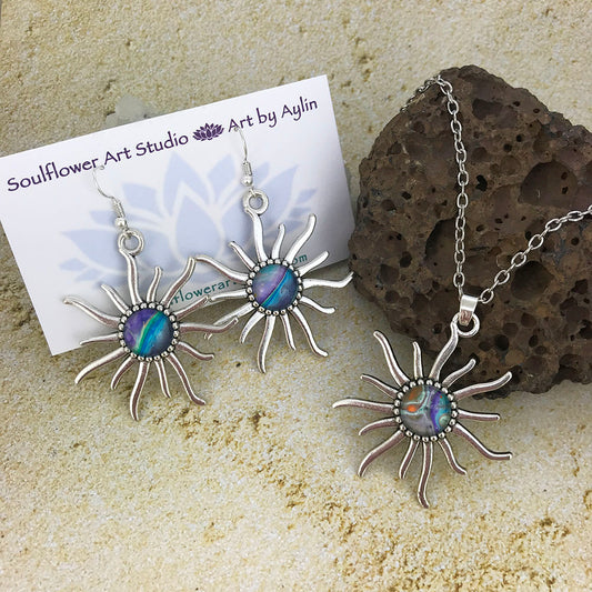 Blue Purple Sun Necklace & Earrings Set