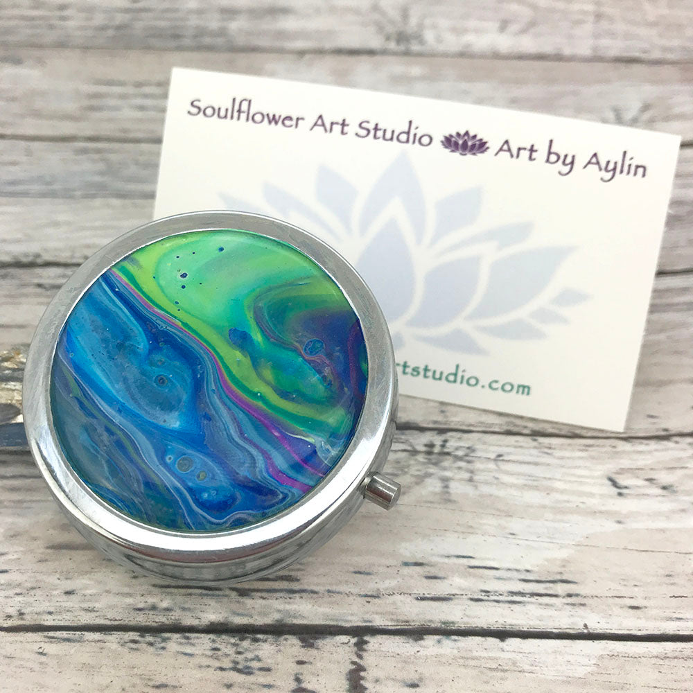 Stylish Pillbox with Blue Green Abstract Artwork