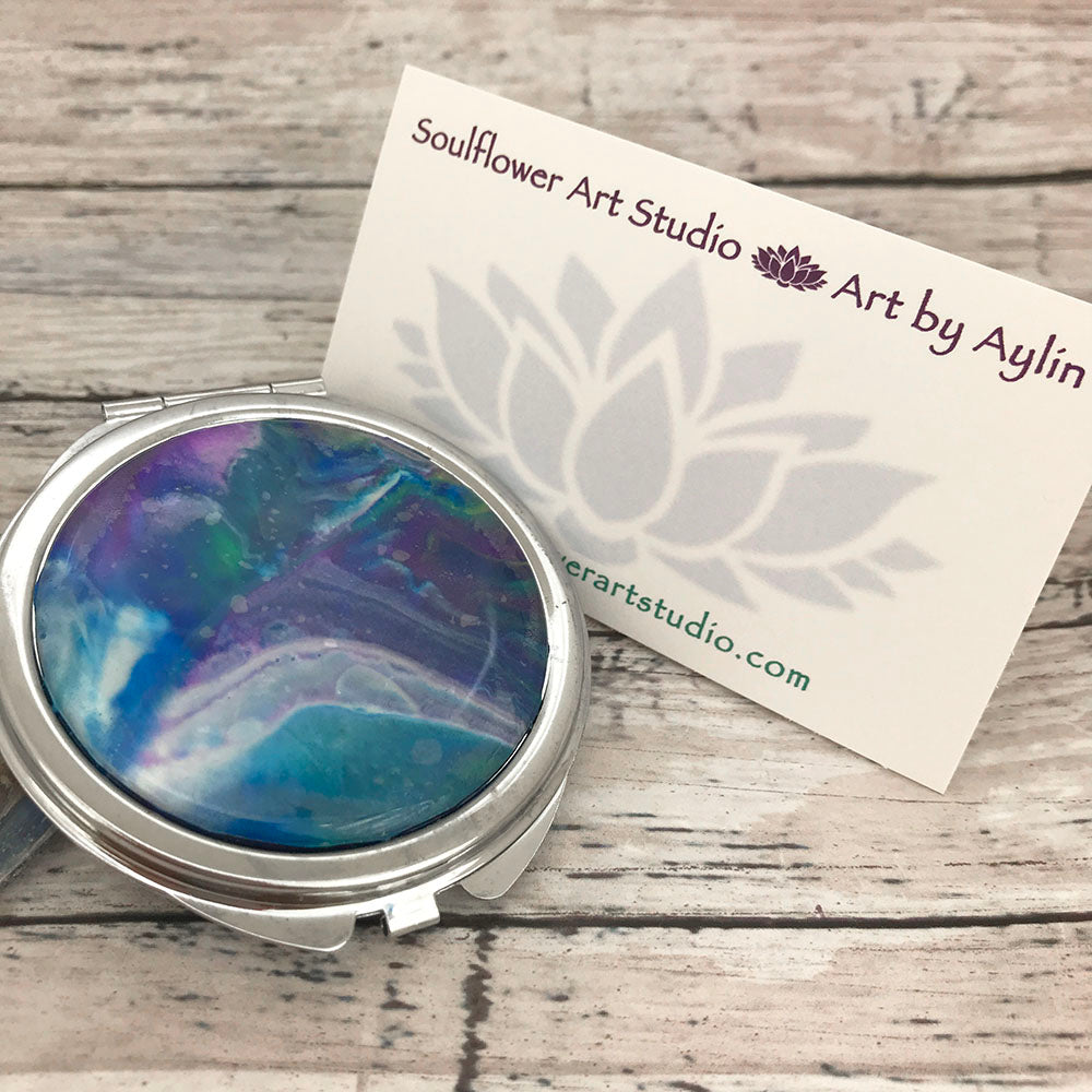 Compact Mirror with Blue White Purple Artwork