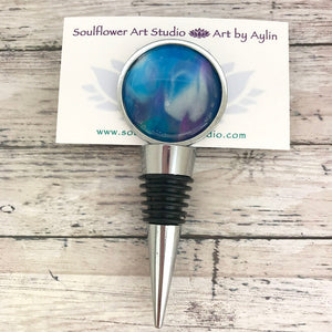 Wine Bottle Stopper with Blue White Purple Artwork - Round