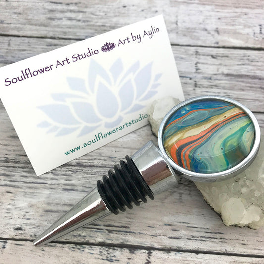 Wine Bottle Stopper with Blue Orange Artwork - Round