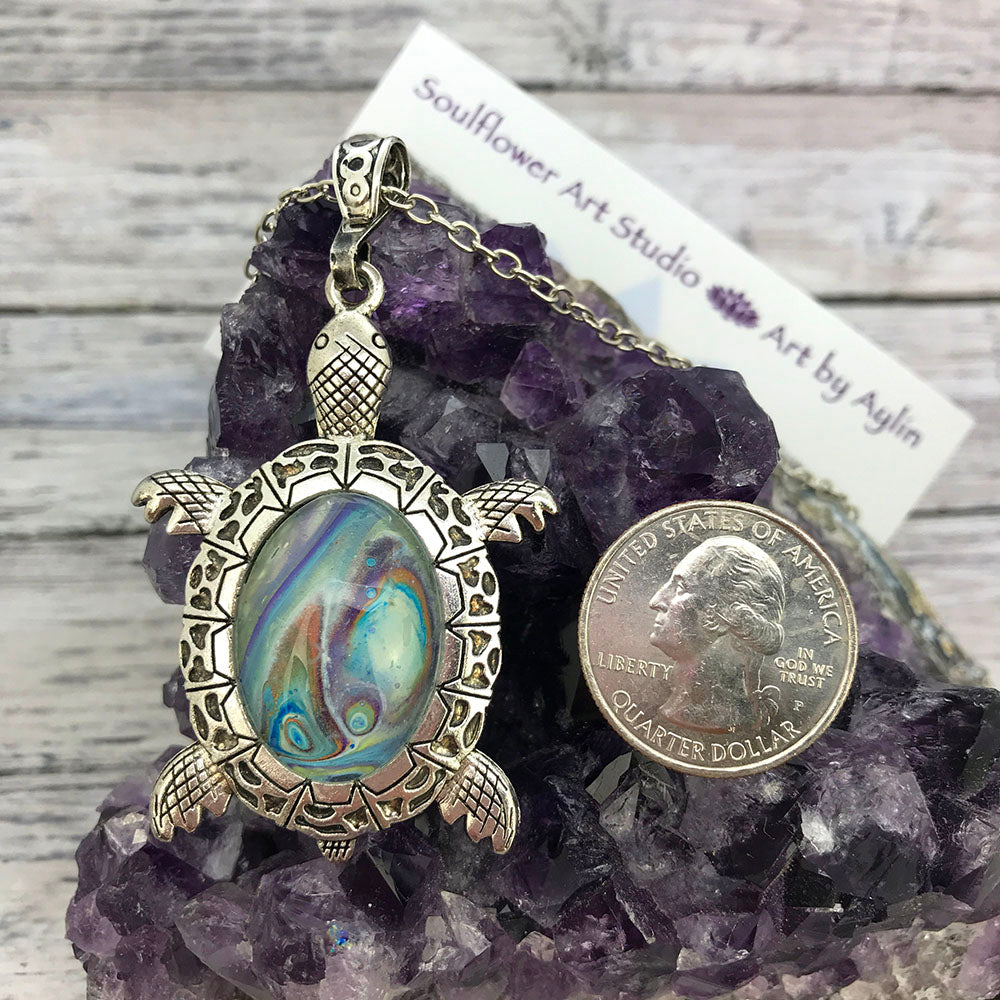 Light Blue Turtle Fluid Art Necklace