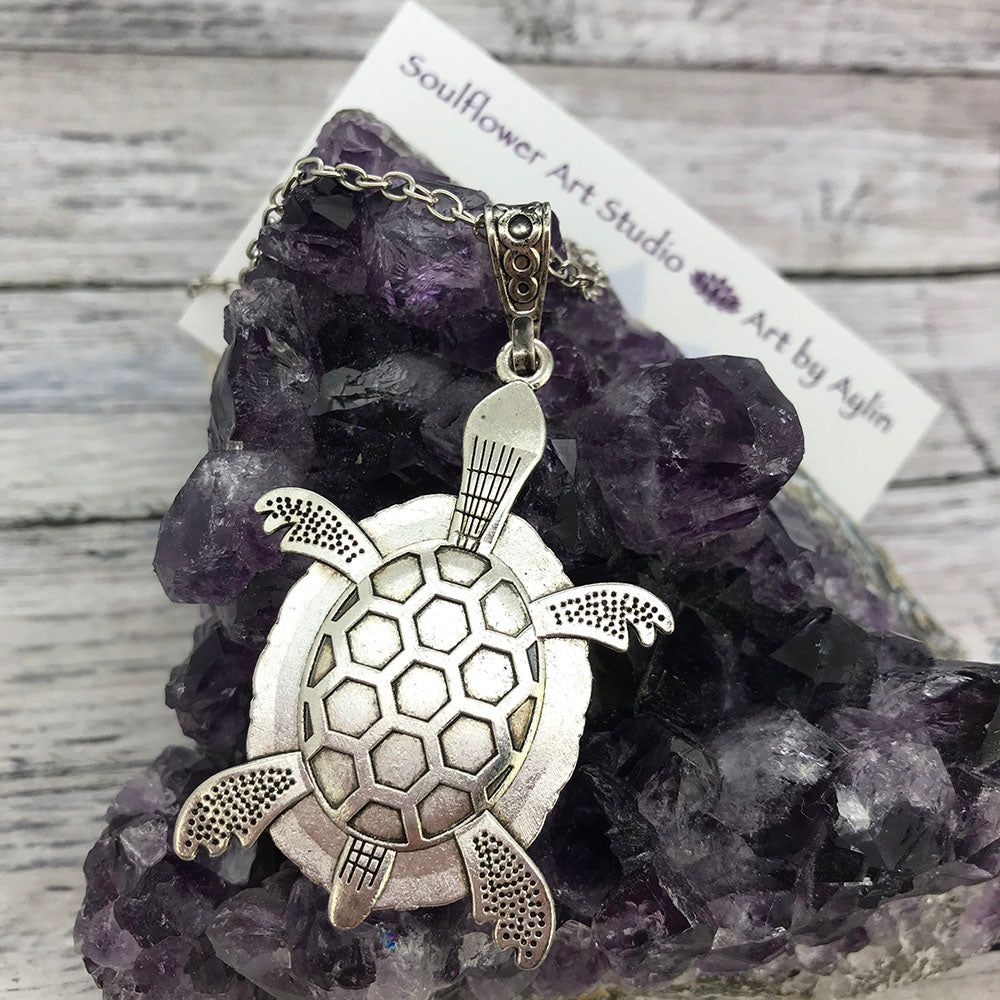 Light Blue Turtle Fluid Art Necklace