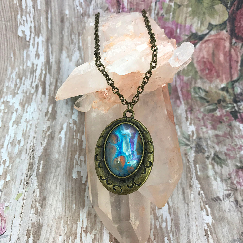 Blue Orange Oval Bronze Necklace