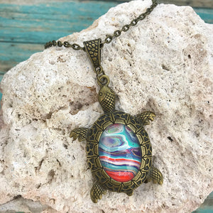 Orange Blue Swirl Art Bronze Turtle Necklace