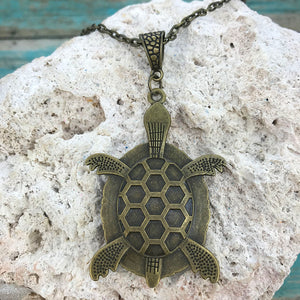 Orange Blue Swirl Art Bronze Turtle Necklace