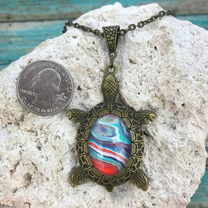 Orange Blue Swirl Art Bronze Turtle Necklace