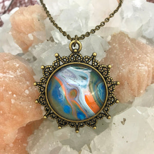 Orange Blue Fluid Art Bronze Snowflake Necklace