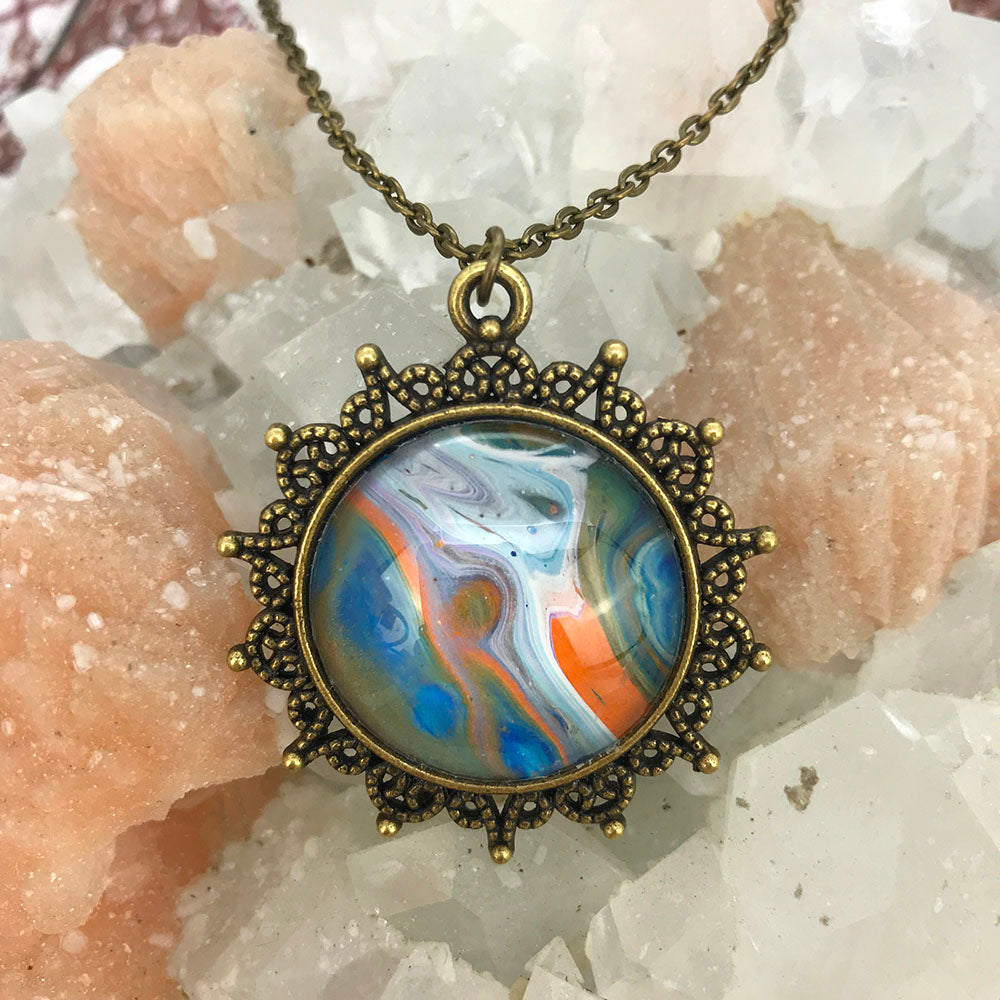 Orange Blue Fluid Art Bronze Snowflake Necklace