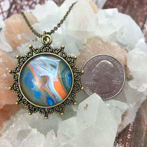 Orange Blue Fluid Art Bronze Snowflake Necklace