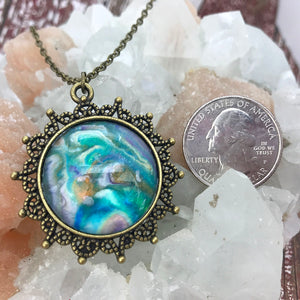 Turquoise Dreams Fluid Art Bronze Vintage Snowflake Necklace
