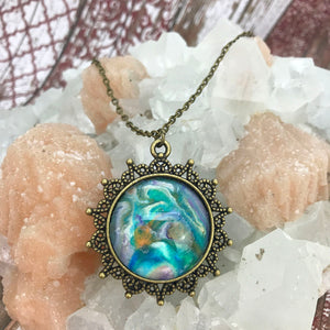 Turquoise Dreams Fluid Art Bronze Vintage Snowflake Necklace