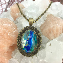Load image into Gallery viewer, Blue Fluid Art Bronze Oval Necklace
