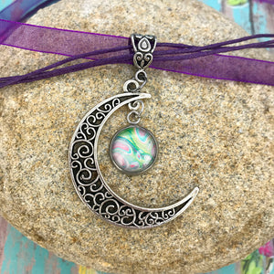 Crescent Moon Boho Fluid Art Pendant with Purple Organza Ribbon Necklace