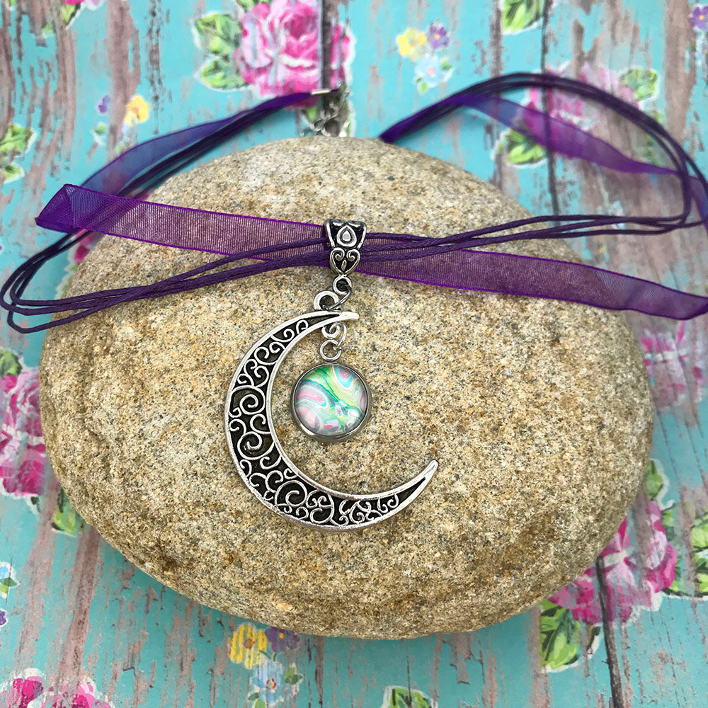Crescent Moon Boho Fluid Art Pendant with Purple Organza Ribbon Necklace