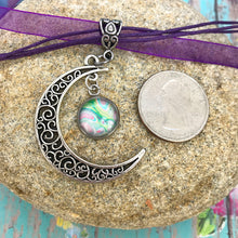 Load image into Gallery viewer, Crescent Moon Boho Fluid Art Pendant with Purple Organza Ribbon Necklace
