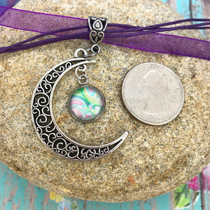 Crescent Moon Boho Fluid Art Pendant with Purple Organza Ribbon Necklace
