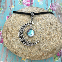 Load image into Gallery viewer, Crescent Moon Boho Blue White Fluid Art Necklace
