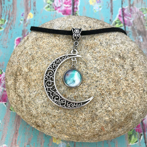 Crescent Moon Boho Blue White Fluid Art Necklace