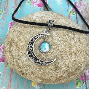 Crescent Moon Boho Blue White Fluid Art Necklace