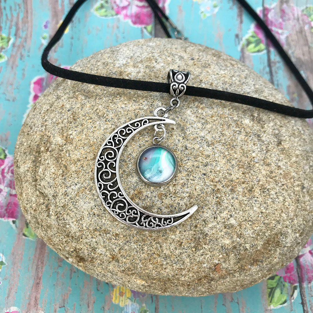 Crescent Moon Boho Blue White Fluid Art Necklace