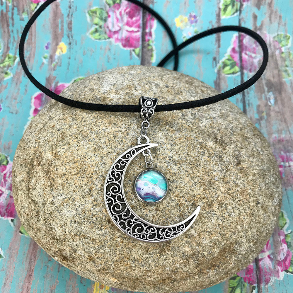 Crescent Moon Blue Purple Fluid Art Boho Necklace