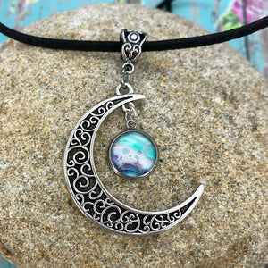 Crescent Moon Blue Purple Fluid Art Boho Necklace