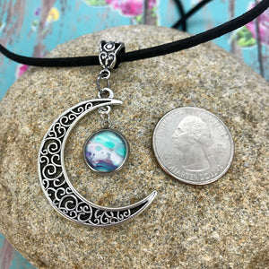 Crescent Moon Blue Purple Fluid Art Boho Necklace