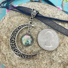 Load image into Gallery viewer, Crescent Moon Boho Fluid Art Pendant with Navy Blue Organza Ribbon Necklace
