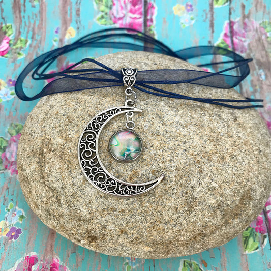 Crescent Moon Boho Fluid Art Pendant with Navy Blue Organza Ribbon Necklace