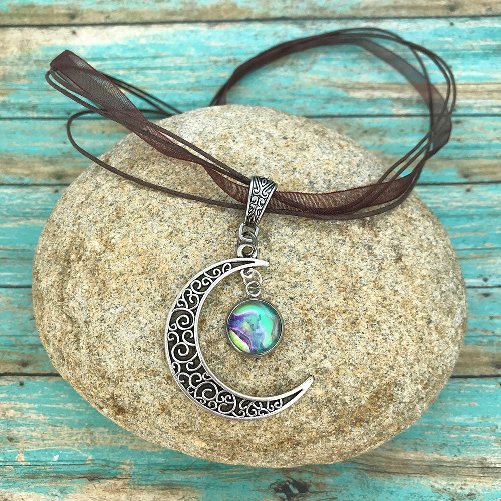 Crescent Moon Boho Fluid Art Pendant with Brown Organza Ribbon Necklace